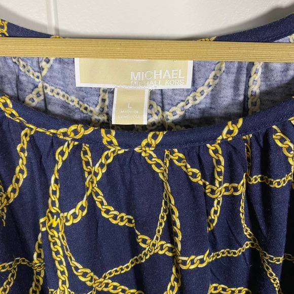 NWT MICHAEL KORS Women's Navy Gold Chain Print 3/4 Sleeve‎ Top Blouse Size L - Picture 2 of 15